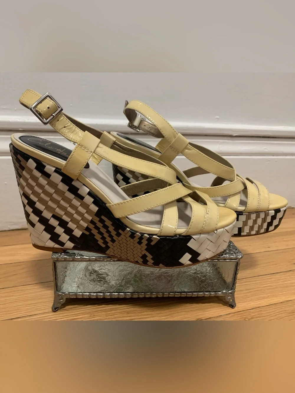 EUC Cole Haan Multi Black/White Woven Hi Wedge Platform Yellow Sandals Size 8.5M